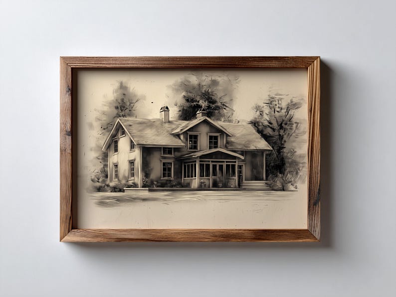 Spersonalizowany ołówek, portret domowy, rysunek węglem, spersonalizowany szkic, ilustracja domu, czarno-biała sztuka domowa, nowy prezent do domu, niestandardowa sztuka zdjęcie 17