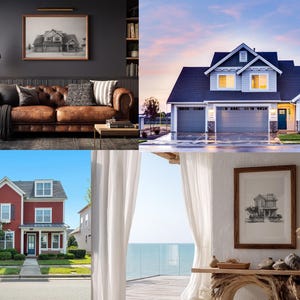 Może przedstawiać: Kolaż zdjęć przedstawiających domy mieszkalne. Jedno zdjęcie przedstawia salon z brązową sk&oacute;rzaną sofą i oprawionym zdjęciem. Inne zdjęcia przedstawiają domy o r&oacute;żnych stylach architektonicznych, w tym czerwony dom i niebieski dom.