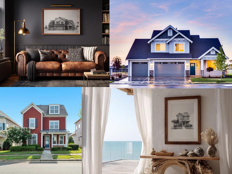 Może przedstawiać: Kolaż zdjęć przedstawiających domy mieszkalne. Jedno zdjęcie przedstawia salon z brązową sk&oacute;rzaną sofą i oprawionym zdjęciem. Inne zdjęcia przedstawiają domy o r&oacute;żnych stylach architektonicznych, w tym czerwony dom i niebieski dom.