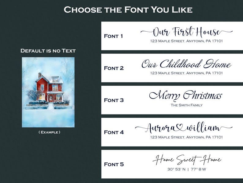 Może przedstawiać: Obraz przedstawiający opcje czcionek do spersonalizowanych dekoracji domu. Zawiera przykłady takie jak "Our First House" i "Home Sweet Home", z adresami i wsp&oacute;łrzędnymi. Pokazany jest r&oacute;wnież akwarela czerwonego domu w zimie.