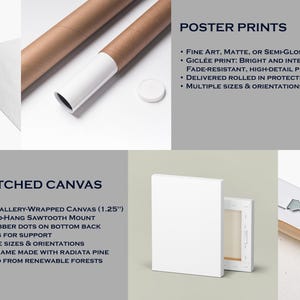 Może przedstawiać: Obraz przedstawiający wydruki plakat&oacute;w i rozciągnięte pł&oacute;tno. Wydruki plakat&oacute;w są dostarczane zwinięte w ochronnych tubach. Rozciągnięte pł&oacute;tno posiada matowe pł&oacute;tno owinięte w galerię z mocowaniem ząbkowym.