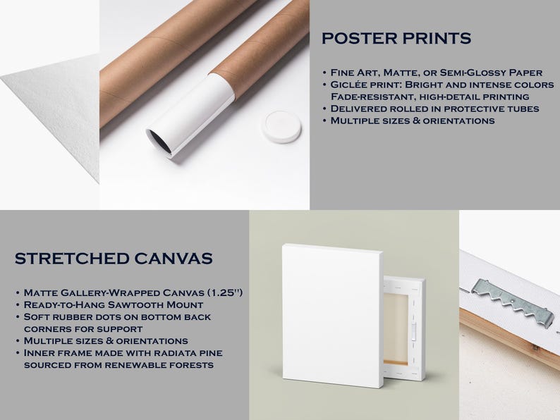 Może przedstawiać: Obraz przedstawiający wydruki plakat&oacute;w i rozciągnięte pł&oacute;tno. Wydruki plakat&oacute;w są dostarczane zwinięte w ochronnych tubach. Rozciągnięte pł&oacute;tno posiada matowe pł&oacute;tno owinięte w galerię z mocowaniem ząbkowym.