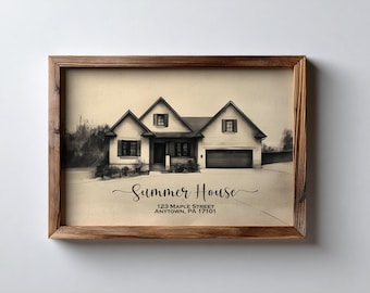 Niestandardowy portret domu z węgla drzewnego, czarno-biały szkic domu, spersonalizowany rysunek domu, prezent na zakończenie umowy z agentem nieruchomości, sztuka ścienna, zabytkowy dom z węgla drzewnego