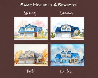 Spersonalizowany portret domowy na cztery pory roku, spersonalizowana sztuka domowa, wiosna, lato, jesień, zima, ilustracja domu, nowy prezent do domu, spersonalizowane malowanie domu