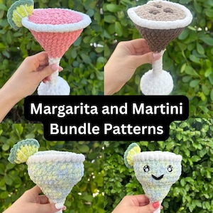 May include: Crochet patterns for a margarita and martini glass. The margarita glass is green and yellow with a lime garnish. The martini glass is brown with a white rim. Both glasses have white bases.