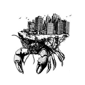 May include: A black and white illustration of a large crab carrying a city on its back. The city is made up of buildings and a cliff face. The crab has large claws and is walking on a white background.