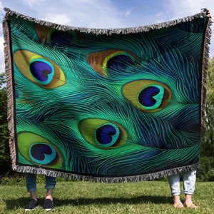 Peacock Feather Cozy Woven Throw Blanket, Peacock Blanket, Bird Feather Throw Blanket, Bird Lover Gift, Coastal Home Decor, Throw Blanket
