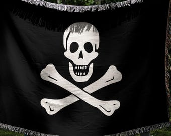 Jolly Roger Flag Woven Blanket, Cozy Blanket, Pirate Flag Throw Blanket, Pirate Throw, Jolly Roger Pirate Blanket, Pirate House Decor Gift