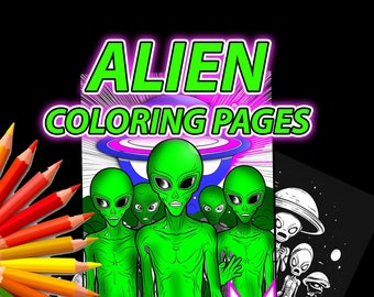Può includere: Una copertina di un libro da colorare con il titolo "Alien Coloring Pages" in testo verde e viola. La copertina presenta illustrazioni in bianco e nero di alieni, astronavi e pianeti. Un'esplosione di stelle rosa con il testo "60 Coloring Pages!!" si trova nell'angolo in basso a destra.