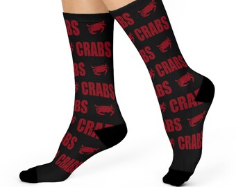 Crabs Pattern Cushioned Crew Socks | Red Lettering Black Background