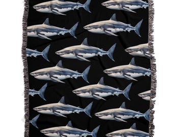 Great White Shark Throw Blanket, Scuba Diver Gift, Woven Blanket, Shark Lover Gift, Shark Week Blanket, Ocean Theme Decor, Beach Blanket