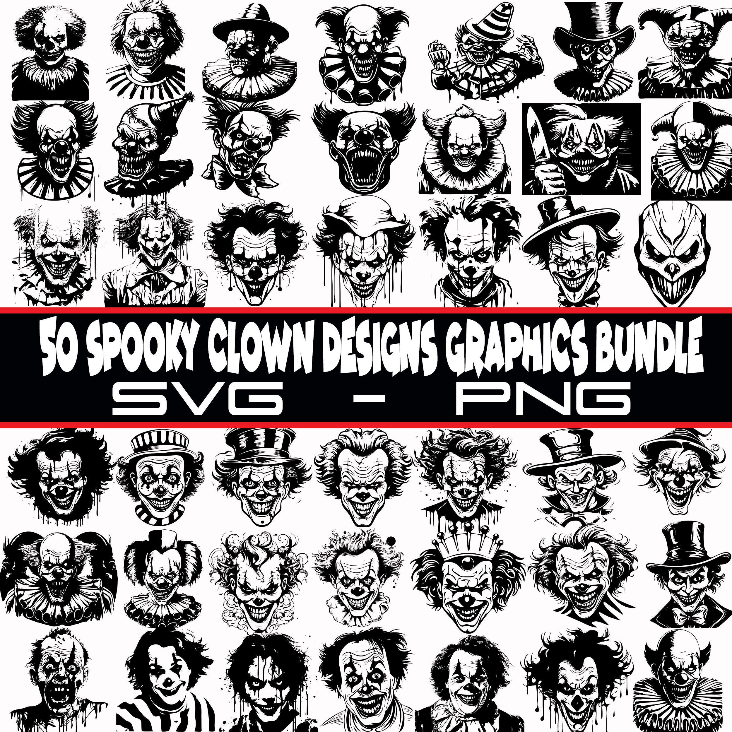 Spooky Clown SVG Bundle, Scary Clowns PNG Files, Crazy Clown Graphics