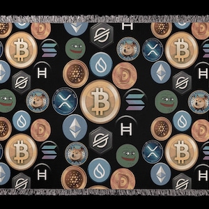 May include: A black woven throw blanket with a repeating pattern of various cryptocurrency logos, including Bitcoin, Ethereum, Dogecoin, and Shiba Inu. The logos are in gold, silver, and blue.
