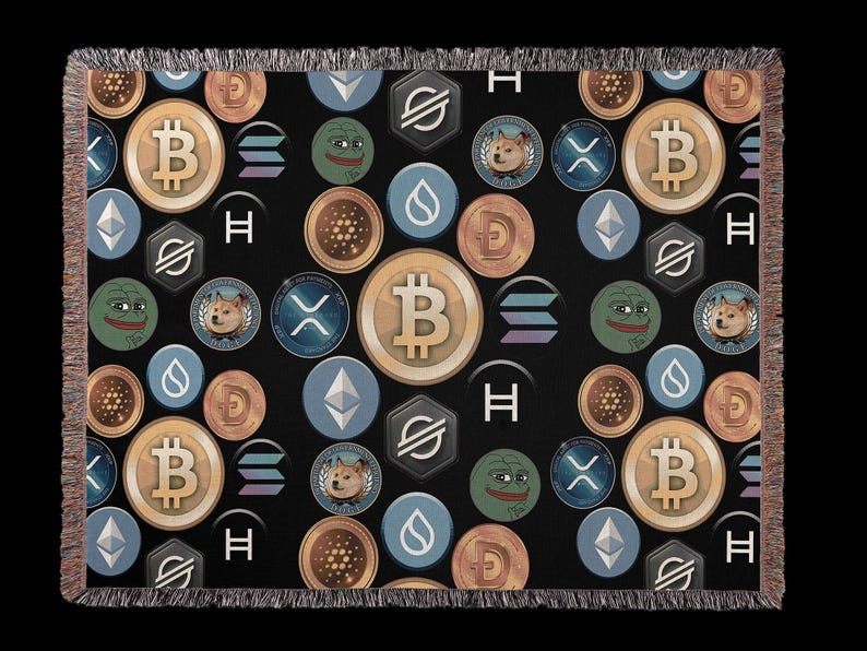May include: A black woven throw blanket with a repeating pattern of various cryptocurrency logos, including Bitcoin, Ethereum, Dogecoin, and Shiba Inu. The logos are in gold, silver, and blue.