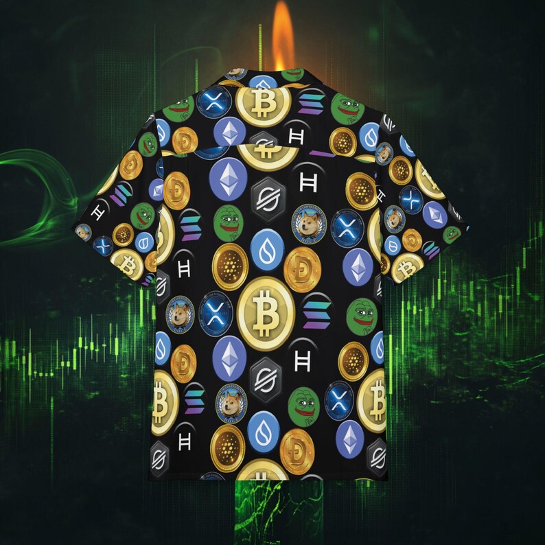 Krypto-Münzen-Hemd, Hawaii-Krypto-Oberteil mit Knöpfen, Krypto-Party-Hemd, Urlaubskleidung, Krypto-Münzen-Club-Hemd, Blockketten-Modekleidung, Schwarz Bild 2