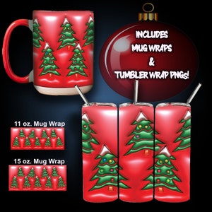 May include: A digital download of a Christmas tree design for 11 oz and 15 oz mugs and tumblers. The design features green Christmas trees with white snow on top and colorful lights on a red background. The text "INCLUDES MUG WRAPS & TUMBLER WRAP PNGS!" is included in the image.