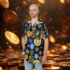 Krypto-Münzen-Hemd, Hawaii-Krypto-Oberteil mit Knöpfen, Krypto-Party-Hemd, Urlaubskleidung, Krypto-Münzen-Club-Hemd, Blockketten-Modekleidung, Schwarz Bild 3