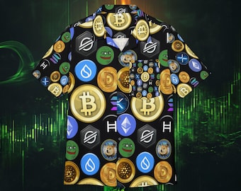 Crypto Coin Shirt, Hawaiian Crypto Button-Up Top, Crypto Party Shirt, Vacation Wear, Crypto Coin Club Shirt, Blockchain Fashion Wear, Black