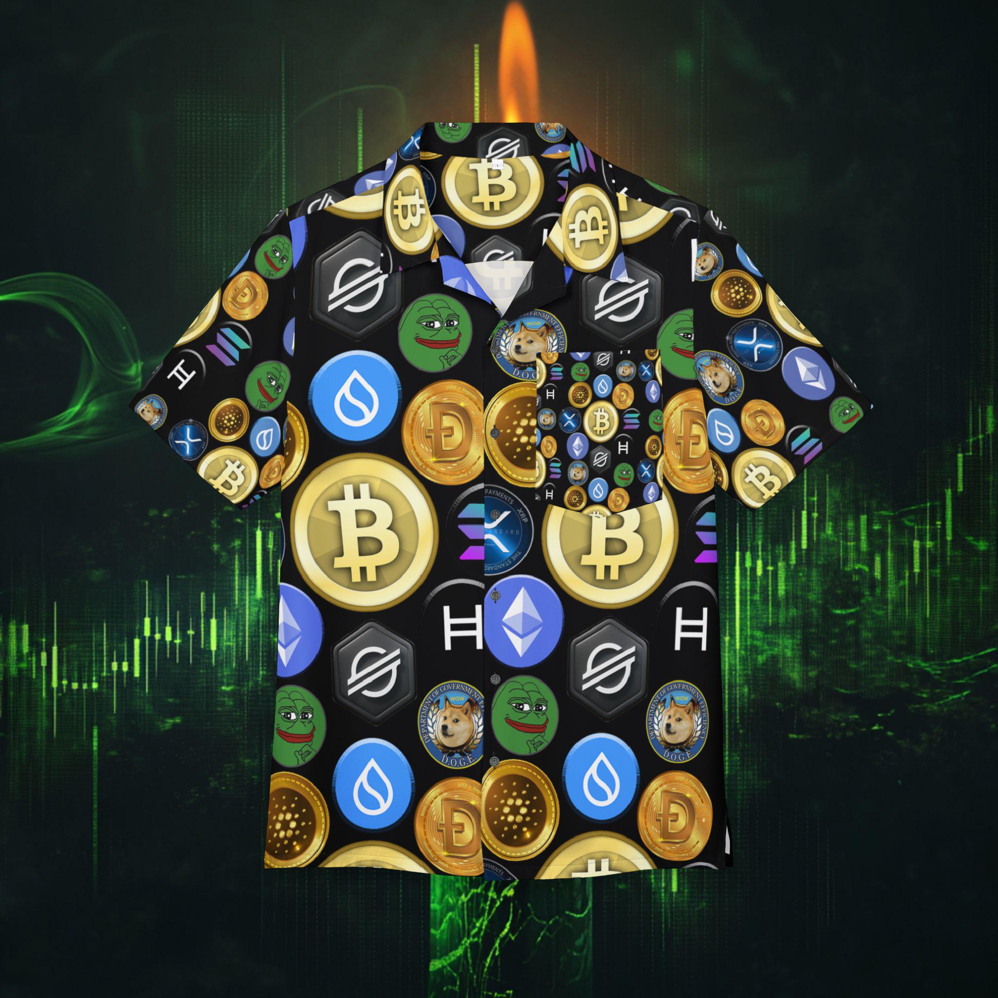 クリプトコインシャツ、ハワイアンクリプトボタンアップトップ、クリプトパーティーシャツ、バケーションウェア、クリプトコインクラブシャツ、ブロックチェーンファッションウェア、ブラック