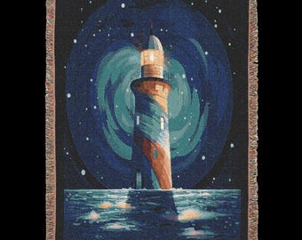 Starry Lighthouse Woven Blanket, Cozy Throw Blanket, Beachy Throw Blanket, Lighthouse Blanket, Winter Blanket, Beach House Decor Gift