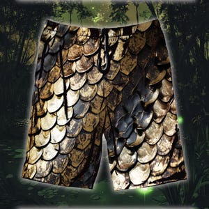May include: Gold and black patterned swimming trunks with a scaly design.