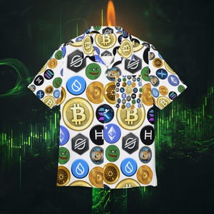 Könnte beinhalten: Weißes kurzärmeliges Hemd mit einem sich wiederholenden Muster aus Kryptowährungslogos, darunter Bitcoin, Ethereum und Dogecoin. Das Hemd hat eine Brusttasche und einen klassischen Kragen. Knopfleiste.
