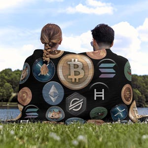 May include: A black fleece blanket with a variety of colorful cryptocurrency logos printed on it. The logos include Bitcoin, Ethereum, Dogecoin, and more.