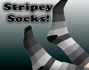 Stripey Socks, Striped Socks, Fun Socks Gift, Sublimation Socks for Men and Women, Black Gray Design