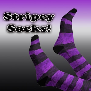 May include: A pair of purple and black striped socks. The socks are long and have a textured look. The text "Stripey Socks!" is written in black letters on a purple background.