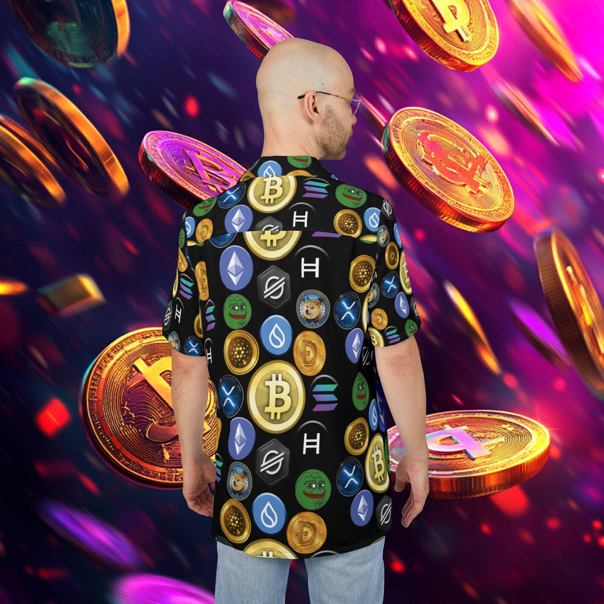 クリプトコインシャツ、ハワイアンクリプトボタンアップトップ、クリプトパーティーシャツ、バケーションウェア、クリプトコインクラブシャツ、ブロックチェーンファッションウェア、ブラック  - Etsy 日本