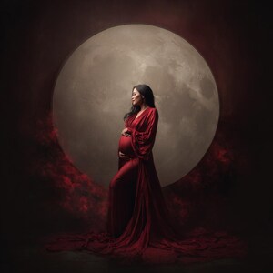 Könnte beinhalten: Eine schwangere Frau in einem langen, roten Kleid steht vor einem großen Mond. Das Kleid hat lange Ärmel und eine Schleppe. Der Hintergrund ist ein dunkles Studio mit roten Akzenten, was eine dramatische Atmosphäre schafft.