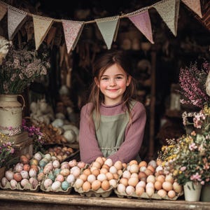 May include: A young girl smiles behind a wooden stall filled with eggs. The eggs are in cardboard cartons, some speckled and others plain. The stall is decorated with flowers and a banner of colorful flags.