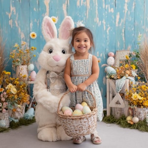May include: A young girl in a floral dress smiles, holding a wicker basket filled with pastel-colored Easter eggs. She stands next to a large, plush white Easter bunny with pink accents. The background features floral arrangements and a blue backdrop.