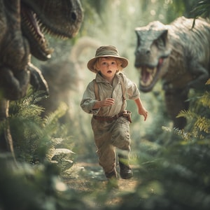 May include: A young child in khaki-colored clothing and a hat runs through a lush, green jungle, appearing startled. Large, gray Tyrannosaurus Rex dinosaurs loom in the background, creating a scene reminiscent of a prehistoric adventure.