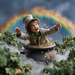Può includere: Un bambino in abito beige e papillon verde emerge da un calderone pieno di monete d'oro. Indossa un cappello a cilindro con un trifoglio e guarda un arcobaleno. Fogliame verde e trifogli fluttuanti circondano il calderone.