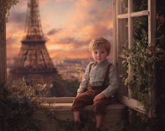 Fondo para fotografía de ventana al atardecer en París, fondo digital con retrato de la Torre Eiffel, superposición de Photoshop para ventana de balcón