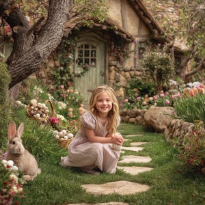 Op de afbeelding: Een jong meisje in een roze gestreepte jurk knielt op een stenen pad in een tuin en glimlacht. Een bruin konijn zit in de buurt. Manden met eieren en een huisje met een groene deur zijn op de achtergrond.