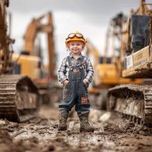 May include: A young child wearing a yellow construction helmet with goggles, a plaid shirt, and denim overalls stands in front of heavy machinery. The child is wearing work boots and is standing in mud.