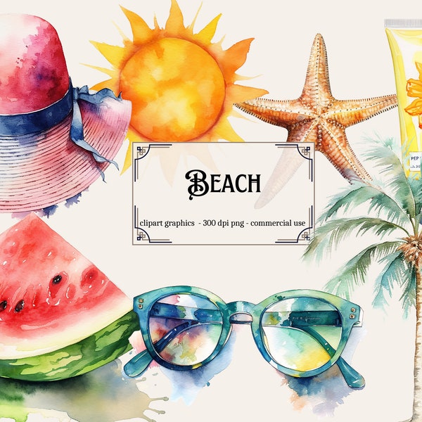 Tropical Watercolor Clipart - Beach Vibes - Beach PNG - Ocean Images - Summer Trip - Vacation Art - Commercial Use, Instant download