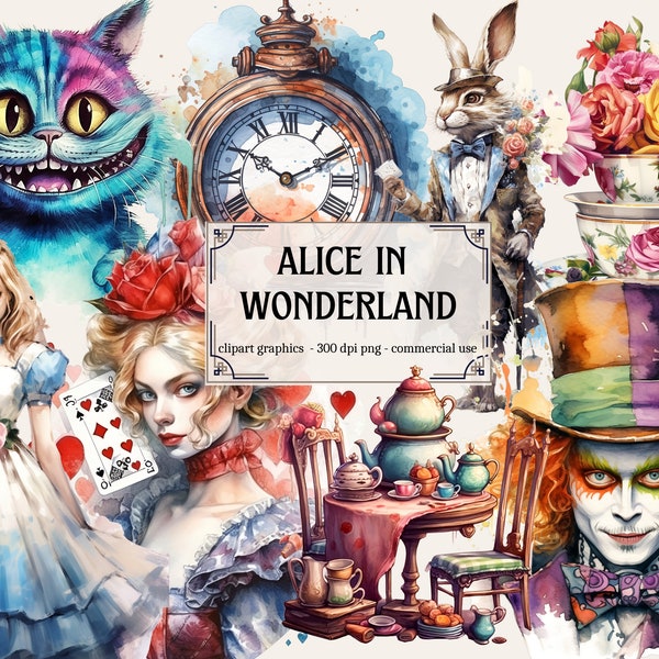 70 PNG Aquarell Alice im Wunderland Clipart, Vintage Alice Abenteuer, Märchen, Alice PNG Bilder, digitale Scrapbooking-Grafiken,