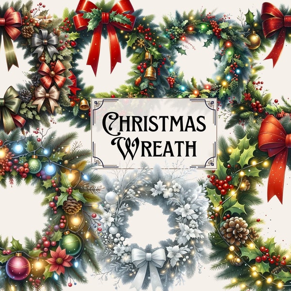 Watercolor Christmas Wreath clipart, 14 high quality JPEG and PNG files, christmas clipart, watercolor wreath clipart, winter holiday, Xmas