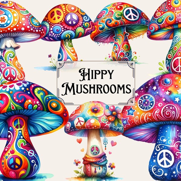 Groovy Mushrooms PNG, Hippy mushrooms clipart, colorful mushrooms, psychedelic art, groovy clipart, digital download, commercial use, hippie