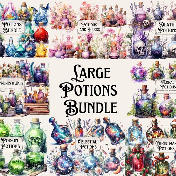 Potions Clipart Bundle - Books Clipart - Healing - Jars Clipart - Plants Clipart - Alchemy - Scent - Apothecary - Spells - PNG - Watercolor