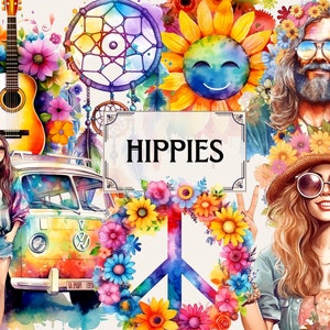 Hippie png designs, Hippie soul png graphics, Groovy png cliparts, Summer time png, vintage png, watercolor clipart, clipart, hippie girl