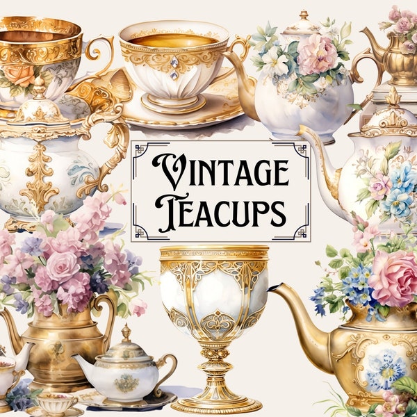 Watercolor Tea Clipart, blush and gold tea cups, Vintage Floral Tea, garden tea clip art PNG graphics instant download for commercial use