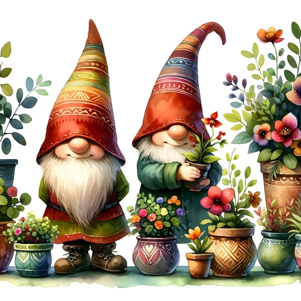 Garden Gnome clipart , Watercolor Garden clipart, Spring gnome png graphics, Gnome sublimation, Transparent background, Daisy flowers png,