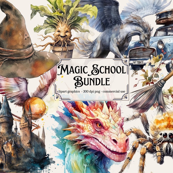 Magic school bundle. Halloween clipart, Witch and Wizard. Potions, wizarding school Digital watercolor. Commercial use, Instant download