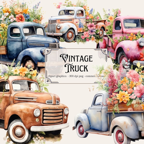 Vintage pickup truck, floral truck, vehicle images, botanical truck, flower images, truck png, retro truck, watercolor, pastel art clipart