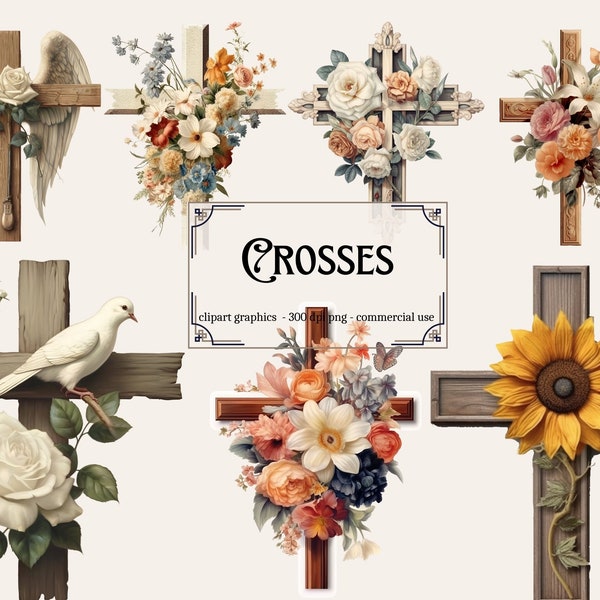 16 Crosses Clipart - floral cross, church clipart, cross with flowers, Christian clipart, PNG format instant download for commercial use