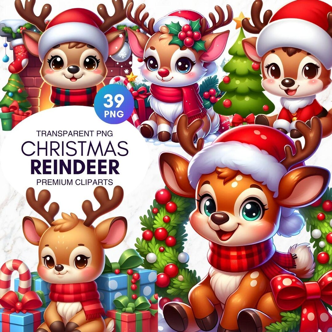 39 Cute Reindeer PNG Clipart Set, Christmas Deer, Watercolor Santa ...